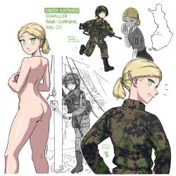 2d blonde_hair blue_eyes character_sheet drawing drawn ecchi edit edited finland finnish fit_female gun military military_jacket military_uniform nude ostwindprojekt_(artist) simple_background tactical_gear weapon