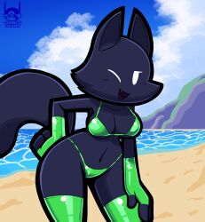 1girls anthro apid_(zguy_101) apid_(zonoch_dood) beach black_body black_fur blue_sky breasts chonzo cloud curvy female female_only fur green_bikini hand_on_hip jpeg latex latex_bikini latex_fingerless_gloves latex_gloves mammal navel ocean one_eye_closed open_mouth original_character solo solo_female swimsuit swimwear tail thick_thighs wide_hips wolf zguy_101 zonoch_dood