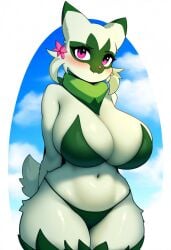 ai_generated anthro anthrofied big_breasts breasts breasts_bigger_than_head felid female floragato flower fur generation_9_pokemon green_body green_fur heart hellsonger hi_res looking_at_viewer mammal nintendo pokemon pokemon_(species) pokemorph simple_background solo thick_thighs white_background wide_hips