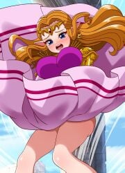 1girls big_ass big_butt blue_eyes blue_sky blush brown_hair bubble_butt cloud clouds covering_crotch dooon_chaaan dress_lift embarrassed eyelashes eyeliner female female_focus female_human female_only hair_in_wind legs_apart open_mouth princess_zelda shocked shocked_expression skirt_lift solo_female solo_focus super_smash_bros. super_smash_bros._melee the_legend_of_zelda visible_air wind_lift windy_dress windy_skirt worried worried_expression worried_face worried_look zelda_(ocarina_of_time)