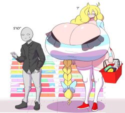 1boy 1girls cassie_(theycallhimcake) female grocery_store hyper_breasts male taller_girl theycallhimcake