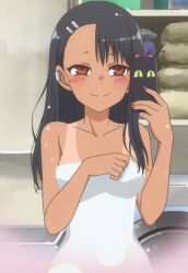 1girls 774_(nanashi) animated black_hair blush breasts brown_eyes cleavage clothed clothing female female_focus female_only hayase_nagatoro long_hair mp4 navel no_sound please_don't_bully_me,_nagatoro revealing_clothes selfie simple_background small_breasts smile solo solo_female tan tanline tanned undressing video