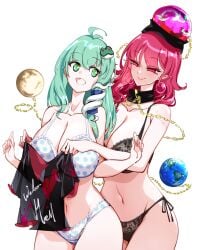 2girls big_breasts breasts green_hair hecatia_lapislazuli huge_breasts kochiya_sanae large_breasts light-skinned_female light_skin lingerie mature_female multiple_girls older_female pointy_ears raptor7 red_hair sanae_kochiya touhou underwear yuri