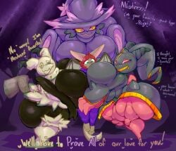 4girls ass_bigger_than_head banette beepunz between_breasts breasts_bigger_than_head breasts_to_breasts clothed comic comic_page dumptruck_ass female female_only giantess huge_ass huge_breasts hyper_ass hyper_breasts mega_banette mimikyu mismagius no_bra no_underwear nude oc pokémon_(species) pokemon pokemon_(species) pokemon_species revealing_clothes size_difference tagme teasing text underass yandere