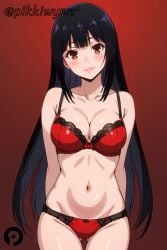 ai_generated arms_behind_back ass_visible_through_thighs bangs bare_shoulders black_hair blunt_bangs blush bow bow_bra bow_panties bra breasts brown_eyes cleavage closed_mouth collarbone cowboy_shot female gradient gradient_background groin head_tilt jabami_yumeko kakegurui lace-trimmed_bra lace_trim lips long_hair looking_at_viewer medium_breasts navel panties pikkiwynn red_background red_bra red_eyes red_panties simple_background skindentation smile solo standing stomach straight_hair thigh_gap underwear underwear_only very_long_hair