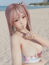 1girls 3d areolae beach blush breasts clothing cropped_torso dead_or_alive exhibitionism female female_only functionally_nude hair_ornament honoka_(doa) large_breasts long_hair looking_at_viewer nipples nyxdoaxvv pink_eyes pink_hair shh side_ponytail solo stripping summer