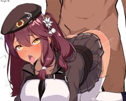 ahe_gao ambiguous_penetration beret clothed_female_nude_male dark-skinned_female dark_red_hair doggy_style girls'_frontline pharetra_third red_hair saiga-12_(girls'_frontline) yellow_eyes