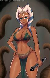 1girls ahsoka_tano big_breasts blue_eyes breasts cleavage clothed clothing curvy female_focus female_only imminent_sex lingerie looking_at_viewer navel nightmare_hdraw pose revealing_clothes simple_background slave_ahsoka slave_bikini slave_leia_(cosplay) smile solo standing star_wars the_clone_wars:_season_four togruta watermark wide_hips