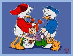 3boys1girl anthro avian blush darkwing_duck dewey_duck disney duck ducktales fellatio furry gosalyn_mallard huey_duck louie_duck sex