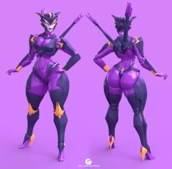 3d airachnid ass big_ass big_breasts black_panties built-in_high_heels female hand_on_hip high_heels panties purple_background purple_body purple_lipstick robot robot_girl robot_humanoid stiletto_heels thick_thighs transformers transformers_prime trawert very_high_heels