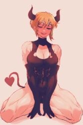 absurdres bell_(spoiledmuffin) breasts closed_eyes covered_navel demon_girl demon_horns demon_tail elbow_gloves female gloves hair_between_eyes highres horns leotard medium_breasts muscular muscular_female original pixel_art short_hair smile solo spoiledmuffin tail