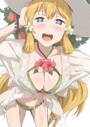 1girls alternate_costume bent_over bikini blonde_hair blue_eyes bracelet breasts cleavage criss-cross_halter female female female_only fire_emblem fire_emblem_heroes green_bikini halterneck hat jewelry kuhuku006f86 large_breasts long_hair nintendo official_alternate_costume open_mouth see-through shirt smile solo star-shaped_pupils star_(symbol) sun_hat swimsuit symbol-shaped_pupils teeth upper_teeth_only very_long_hair ymir_(fire_emblem_heroes) ymir_(summer)_(fire_emblem_heroes)
