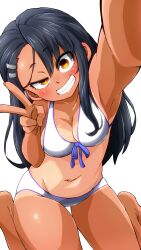 1girls aono3 bikini black_hair blush breasts brown_eyes cleavage clothed clothing earrings female_focus female_only hayase_nagatoro hi_res long_hair looking_at_viewer navel peace_sign please_don't_bully_me,_nagatoro pose revealing_clothes selfie simple_background small_breasts smile solo tan tanline tanned