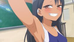 1girls 774_(nanashi) armpits black_hair blush breasts brown_eyes clothed clothing earrings female_focus female_only hayase_nagatoro hi_res long_hair looking_at_viewer please_don't_bully_me,_nagatoro pose revealing_clothes screencap sideboob simple_background small_breasts smile solo swimsuit tan tanned