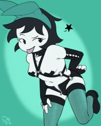 1girls 2022 ass black_hair bondage breasts bunny_ears collar dezz dezzone female fingerless_gloves gloves harness hiveswap joey_claire leg_up looking_at_viewer ms_paint_adventures partially_clothed pasties posing short_hair solo star teal_background thigh_highs tongue tongue_out topless white_skin