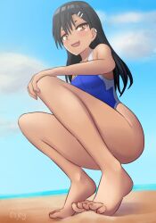 1girls ass beach black_hair blush breasts brown_eyes clothed clothing earrings female_focus female_only hayase_nagatoro hi_res hips kneeling long_hair looking_at_viewer open_mouth osjey please_don't_bully_me,_nagatoro pose revealing_clothes sideboob simple_background small_breasts smile solo swimsuit tan tanned watermark