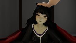 1boy 1girls 3d adorable animal_ears animated bed black_hair blake_belladonna cat_ears catgirl cute female female_focus head_pat in_bed looking_at_viewer lying_on_stomach nixlastrada no_sound on_stomach pajamas pale-skinned_female petting pov robe rwby sfw smile solo_focus tagme video wholesome yellow_eyes