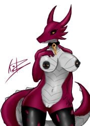 absurd_res anthro black_sclera breasts chains clothing collar dragon female genitals grey_body grey_scales hi_res horn leggings legwear madeupfox nipple_piercing nipples piercing pink_body pink_scales pussy scales scalie solo tagme torn_clothing