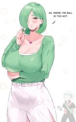 1boy 1girls 2022 beanie blush breast_hold breasts brendan_(pokemon) cleavage clothed clothing english_text female female_focus gardevoir green_hair hair_over_one_eye hair_twirling highres holding_poke_ball huge_breasts humanized humanized_pokemon jewelry large_breasts looking_at_another male mature_female necklace nintendo okpriko pencil_skirt pokémon_(species) poke_ball pokemon pokemon_(species) pokemon_rse red_eyes sagging_breasts shirt short_hair simple_background skirt standing sweat sweatdrop sweating text thick_thighs thighs white_background