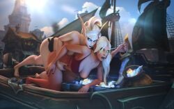 2girls ass blonde_hair blood_elf blue_eyes bottomless breasts feet female female_only green_eyes legs liraniel multiple_girls nipples open_mouth penetration sex sex_toy strap-on strapon thighs thismelancholic toes warcraft world_of_warcraft yuri