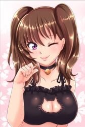 1girls bell_collar big_breasts brown_hair cat_face collar cute_face diane_(nanatsu_no_taizai) female female_focus female_only nanatsu_no_taizai pigtails purple_hair tagme wink winking winking_at_viewer