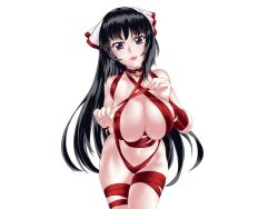 bell black_hair bow breasts choker cleavage commentary english_commentary female female hairbow highres large_breasts leaning_forward long_hair looking_at_viewer naked_ribbon navel neck_bell noihara_himari omamori_himari ponytail purple_eyes red_ribbon ribbon solo very_long_hair zehturtle