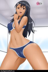 1girls bikini black_hair blush breasts brown_eyes clothed clothing clouddg earrings female_focus female_only hayase_nagatoro hi_res kneeling long_hair looking_at_viewer navel nipples open_mouth please_don't_bully_me,_nagatoro pose revealing_clothes shushing simple_background small_breasts smile solo tan tanline tanned watermark