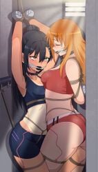 2girls arms_above_head arms_behind_back big_breasts black_hair blush bondage bound bound_hands bound_together breasts closed_eyes clothed clothing collar female female_focus female_only femsub gag gamo-chan hayase_nagatoro hi_res linked_collar locker locker_bondage long_hair multiple_girls multiple_subs orange_hair please_don't_bully_me,_nagatoro ponytail revealing_clothes rope sex_toy simple_background small_breasts stuffed_mouth_gag tan tanline tanned tape taped_hands tiedtiki vibrator vibrator_under_clothes wide_hips