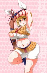 animal_ears armpits bangs blonde_hair blunt_bangs blush breasts eyebrows_visible_through_hair female foot_out_of_frame haniwa_(statue) huge_breasts mayumi_joutouguu midriff navel nipples pink_background short_hair simple_background solo standing standing_on_one_leg sugiura sweat thick_thighs thighs torn_clothes touhou