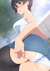 ass bangs black_hair black_legwear blue_eyes blue_skirt blurry blurry_background blush breasts commentary_request day eyebrows_visible_through_hair female from_behind from_below furuyama_itaru hair_between_eyes looking_at_viewer looking_back looking_down medium_breasts original outdoors panties shirt short_hair skirt sleeveless sleeveless_shirt solo thighhighs underwear very_short_hair white_panties white_shirt