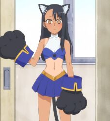 1girls 774_(nanashi) black_hair blush breasts brown_eyes cat_ears cat_tail catgirl clothed clothing earrings female_focus female_only hayase_nagatoro hi_res long_hair looking_at_viewer navel please_don't_bully_me,_nagatoro pose revealing_clothes screencap sideboob simple_background small_breasts smile solo tan tanline tanned