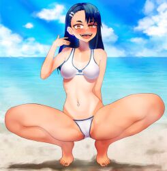 1girls beach bikini black_hair blush breasts brown_eyes clothed clothing dayby earrings female_focus female_only hayase_nagatoro hi_res long_hair looking_at_viewer muscular muscular_female navel navel_piercing open_mouth please_don't_bully_me,_nagatoro pose revealing_clothes simple_background small_breasts smile solo spread_legs tan tanline tanned tongue_out