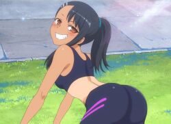 1girls 774_(nanashi) ass big_ass black_hair blush breasts brown_eyes clothed clothing earrings female_focus female_only hayase_nagatoro hi_res long_hair looking_at_viewer please_don't_bully_me,_nagatoro ponytail pose revealing_clothes screencap sideboob simple_background small_breasts smile solo tan tanline tanned