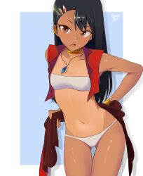 1girls bikini black_hair blush breasts brown_eyes cleavage clothed clothing collar costume earrings female_focus female_only hayase_nagatoro hi_res long_hair looking_at_viewer nadia_la_arwall_(cosplay) navel open_mouth please_don't_bully_me,_nagatoro pose revealing_clothes rynessart simple_background small_breasts smile solo tan tanline tanned white_background