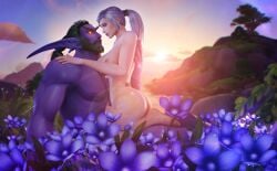 1boy 1girls big_ass breasts couple feet female human interspecies light-skinned_female light_skin male morilane night_elf nipples pose posing straight tattoo thismelancholic tramp_stamp warcraft world_of_warcraft