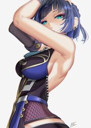 1girls arched_back armpits arms_up bangs big_breasts blue_hair bodysuit braid braided_hair breasts dice earrings female genshin_impact green_eyes hips huge_breasts kein_hasegawa large_breasts looking_at_viewer looking_down plain_background short_hair side_view sideboob simple_background slim_waist small_waist solo standing tassel tight_clothing waist white_background wide_hips yelan_(genshin_impact)