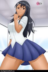 1girls black_hair blush breasts brown_eyes clothed clothing clouddg earrings female_focus female_only hayase_nagatoro hi_res kneeling long_hair looking_at_viewer please_don't_bully_me,_nagatoro pose revealing_clothes shushing simple_background small_breasts smile solo tan tanned watermark