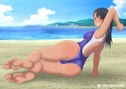 1girls ass beach black_hair blush breasts brown_eyes clothed clothing densekkusu earrings female_focus female_only hayase_nagatoro hi_res long_hair looking_at_viewer looking_back navel on_side please_don't_bully_me,_nagatoro pose revealing_clothes sideboob simple_background sitting small_breasts smile solo sweat swimsuit tan tanned watermark