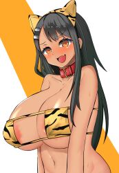 1girls areolae big_breasts black_hair blush breasts brown_eyes cleavage clothed clothing collar earrings female_focus female_only hayase_nagatoro hi_res long_hair looking_at_viewer navel nipples open_mouth please_don't_bully_me,_nagatoro pose revealing_clothes simple_background smile solo tan tanned tf_cafe tiger_ears