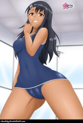 1girls black_hair blush breasts brown_eyes clothed clothing clouddg earrings female_focus female_only hayase_nagatoro hi_res kneeling long_hair looking_at_viewer navel nipples please_don't_bully_me,_nagatoro pose revealing_clothes shushing simple_background small_breasts smile solo swimsuit tan tanned watermark