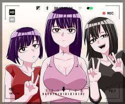 3girls big_breasts black_hair breasts cleavage clothed clothing doctorhaedelock female_focus female_only hana_sunomiya hi_res long_hair looking_at_viewer medium_hair misaki_nagatoro multiple_girls open_mouth peace_sign please_don't_bully_me,_nagatoro president_(nagatoro) purple_hair revealing_clothes sana_sunomiya simple_background smile video_camera