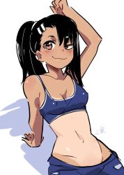 1girls black_hair blush breasts brown_eyes cleavage clothed clothing earrings female_focus female_only hayase_nagatoro hi_res kokomi_(aniesuakkaman) long_hair looking_at_viewer navel nipples on_back please_don't_bully_me,_nagatoro ponytail pose revealing_clothes simple_background small_breasts smile solo tan tanline tanned watermark