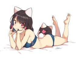 animal_ears animal_tail artist_name ass_cleavage bad_id bad_twitter_id bare_legs barefoot black_hair blue_bra blue_panties bra breasts bunny_tail butt_crack cleavage cloba closed_mouth color colored commentary_request eyebrows_visible_through_hair feet feet_up female female_focus full_body head_rest highres inactive_account laying_on_stomach light-skinned light-skinned_female light_skin light_smile looking_at_viewer lying medium_breasts on_stomach original panties pink_eyes player_2_(cloba) rabbit_tail short_hair solo tail underwear underwear_only