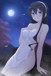 absurdres azuki-iro bangs black_hair blush breasts cherry_blossoms collarbone commentary_request covered_navel covered_nipples covering female full_moon glasses hairband highres kantai_collection long_hair looking_at_viewer moon naked_towel night night_sky nude_cover onsen ooyodo_(kantai_collection) outdoors reward_available semi-rimless_eyewear sitting sky smile soaking_feet solo steam towel under-rim_eyewear water