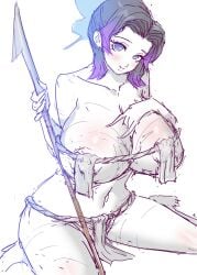 alternate_breast_size alternate_costume big_breasts bikini black_hair blush butterfly_hair_ornament chiroru cleavage colored_sketch demon_slayer enormous_breasts female female_only fundoshi huge_breasts kimetsu_no_yaiba kochou_shinobu loincloth looking_at_viewer massive_breasts micro_bikini pubic_hair pubic_hair_peek purple_eyes restricted_palette sitting sketch smile solo two_tone_hair wariza weapon