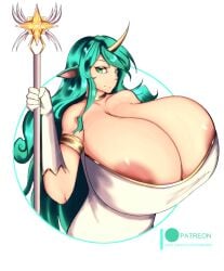 1girls areola_slip areolae big_breasts breasts cleavage clothed clothed_female dress female female female_only gigantic_breasts green_eyes green_hair horn huge_breasts hyper_breasts l-a-v large_breasts league_of_legends long_hair pointy_ears sleeveless smile solo soraka staff standing star_guardian_series star_guardian_soraka weapon