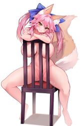 animal_ear_fluff animal_ears bangs blue_ribbon blush breasts chair commentary completely_nude fate/extra fate_(series) female fox_ears fox_girl fox_tail full_body hair_ornament hair_ribbon highres large_breasts long_hair looking_at_viewer nipples nude parted_lips pink_hair ribbon simple_background sitting sitting_backwards smile solo tail tamamo_no_mae_(fate) thighs twintails white_background wisespeak yellow_eyes