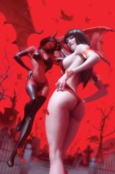 2girls 3d alex_garner arm_cuffs ass biting_lips black_hair boots demon demon_wings fangs hands_on_hips high_heels horns long_hair naughty_face pale-skinned_female pale_skin purgatori red-skinned_female red_skin thighhighs vampirella wings wrist_cuffs