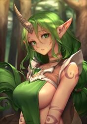 1girls big_breasts breasts celestial_(league_of_legends) clothed clothed_female clothing dress dryad_soraka eclipse_series elderwood_series elf female female_focus female_only forest green_eyes green_hair horn large_breasts league_of_legends light-skinned_female light_skin long_hair looking_to_the_side oopartz_yang outdoors outside pointy_ears ponytail side_view solo soraka tattoo