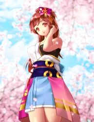 esther-shen eyelashes female hair_between_eyes hair_ornament hair_ribbon hand_in_hair hand_on_head japanese_clothes kimono lips long_hair looking_at_viewer obi oichi_(pokemon) open_kimono parted_bangs petals pink_skirt pokemon pokemon_conquest ponytail red_eyes red_hair sengoku_musou smile solo solo_female solo_focus thighs tree undershirt